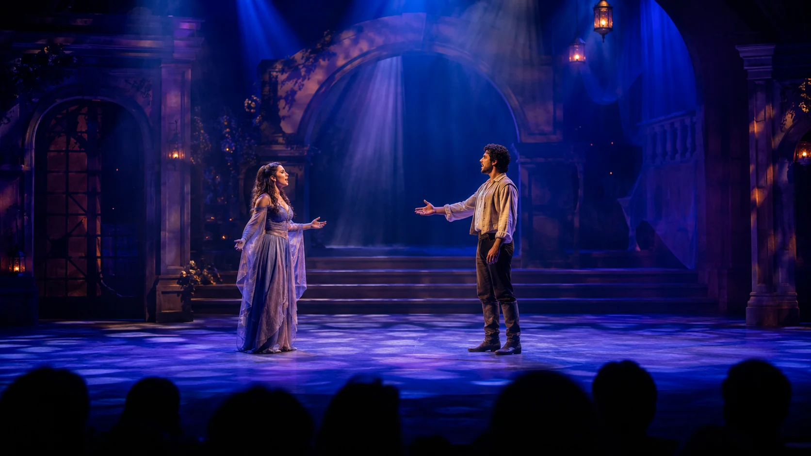Two performers in a fictional musical, lit by blue and amber stage lights, seen from the audience